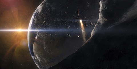 Framed Space Shuttle flying over an Asteroid that is passing close to Earth Print
