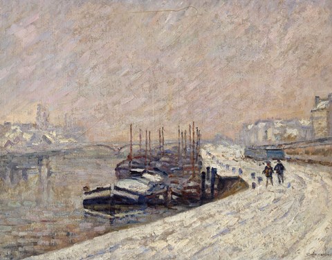 Framed Barges Under Snow Print