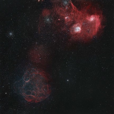 Framed Widefield view of of Simeis 147, the Flaming Star Nebula, and the Tadpole Nebula Print