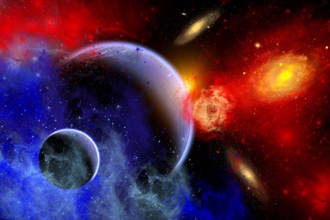 Framed mixture of colorful stars, planets, Nebulae and galaxies Print