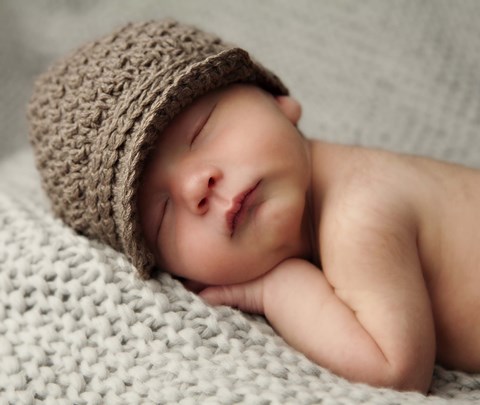 Framed Baby In Brown Knit Cap Print