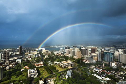 Framed Downtown Honolulu Double Rainbow Print