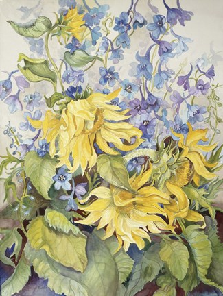 Framed Sunflowers &amp; Blue Delphinium Print