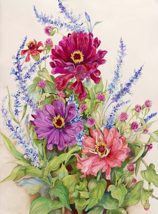 Framed Zinnias and Blue Salvias Print