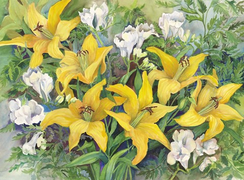 Framed Gold Lilies And Freesia Print