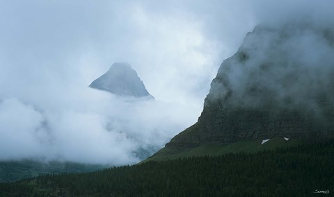 Framed Misty Peak And Green Cliff Print