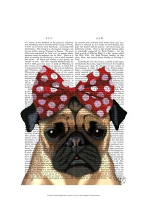 Framed Pug with Red Spotty Bow On Head Print