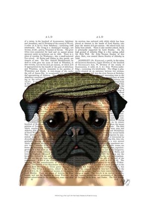 Framed Pug in Flat Cap Print