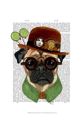 Framed Pug with Steampunk Bowler Hat Print