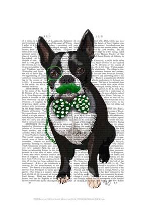 Framed Boston Terrier With Green Moustache And Spotty Green Bow Tie Print