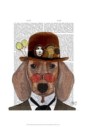 Framed Dachshund with Steampunk Bowler Hat Print