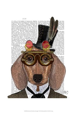 Framed Dachshund with Top Hat and Goggles Print