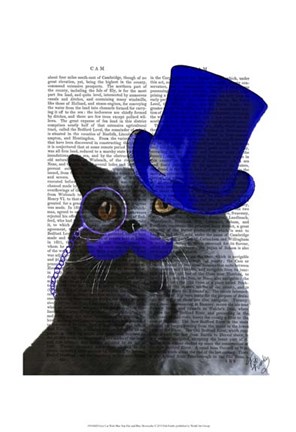 Framed Grey Cat With Blue Top Hat and Blue Moustache Print