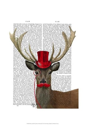 Framed Deer with Red Top Hat and Moustache Print