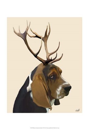 Framed Basset Hound and Antlers II Print
