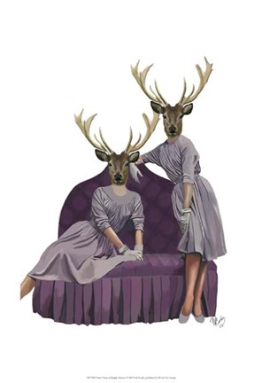 Framed Deer Twins in Purple Dresses Print
