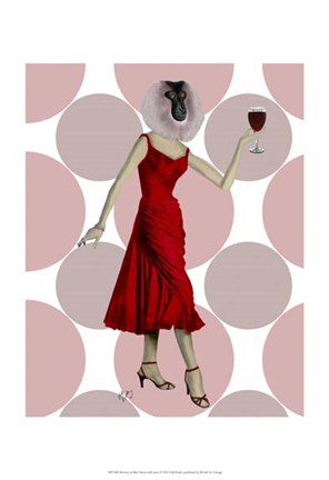 Framed Monkey in Red Dress with wine Print