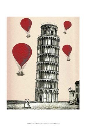 Framed Tower of Pisa and Red Hot Air Balloons Print