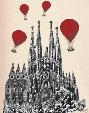 Framed Sagrada Familia and Red Hot Air Balloons Print