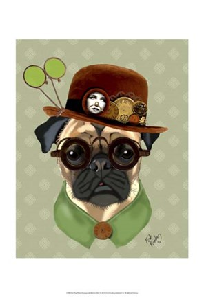 Framed Pug With Steampunk Bowler Hat Print