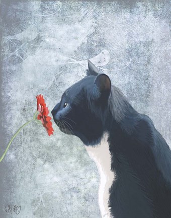 Framed Black Cat Sniffing Flower Print