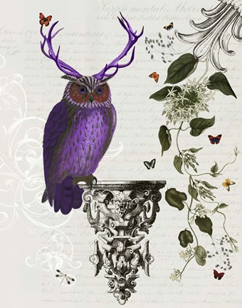 Framed Purple Owl With Antlers Print