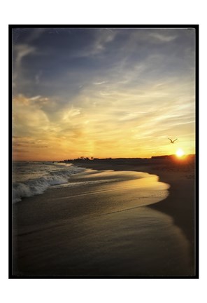 Framed Seagull Flying Into Beach Sunset Print