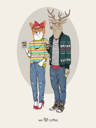 Framed Fox Girl And Deer Boy Hipsters Print