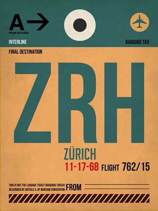 Framed ZRH Zurich Luggage Tag 1 Print