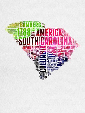 Framed South Carolina Watercolor Word Cloud Print