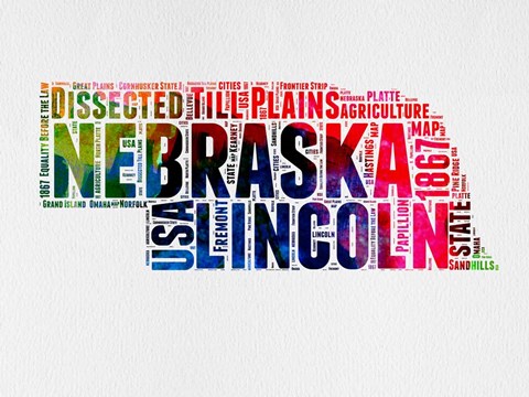 Framed Nebraska Watercolor Word Cloud Print