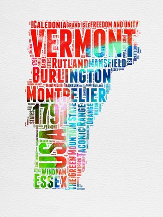 Framed Vermont Watercolor Word Cloud Print