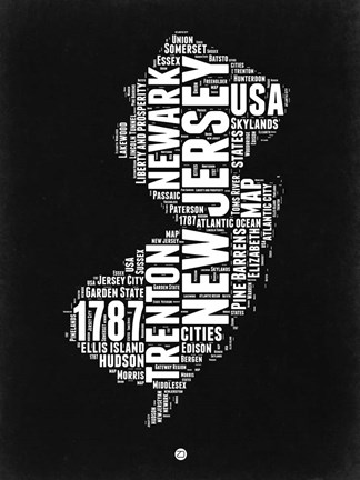 Framed New Jersey Black and White Map Print