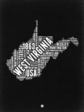 Framed West Virginia Black and White Map Print