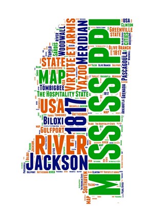 Framed Mississippi Word Cloud Map Print