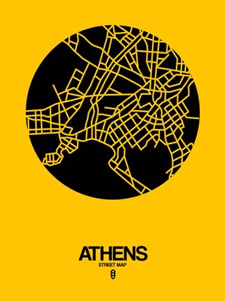 Framed Athens Street Map Yellow Print