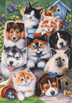 Framed Kittens &amp; Puppies In The Garden Print