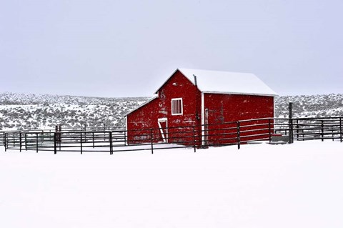 Framed Red Barn In Winter Print