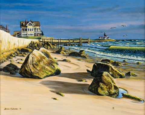 Framed Beach House At Watch Hill Print