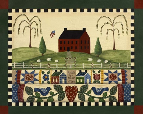Framed Red House With Quilts Print