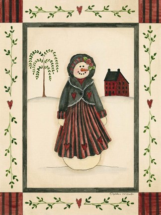 Framed Black &amp; Red Snowwoman With Red House Print