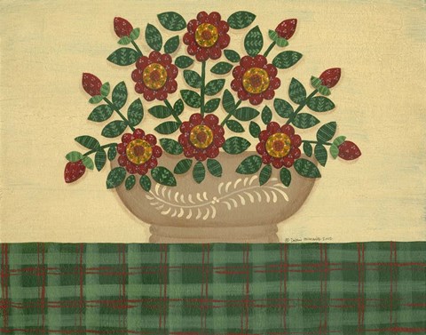 Framed Red Flowers With Dark Green Tablecloth Print