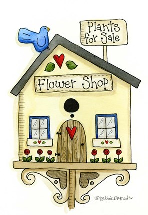 Framed Flower Shop Birdhouse Print