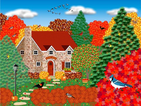 Framed Stone Cottage Autumn Print