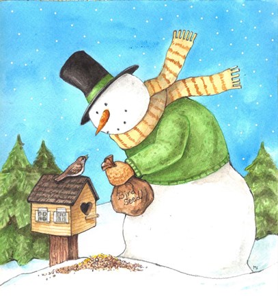 Framed Snowman Green Bird Print
