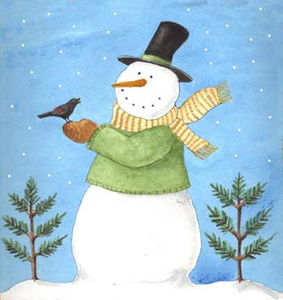 Framed Snowman Green Blackbird Print