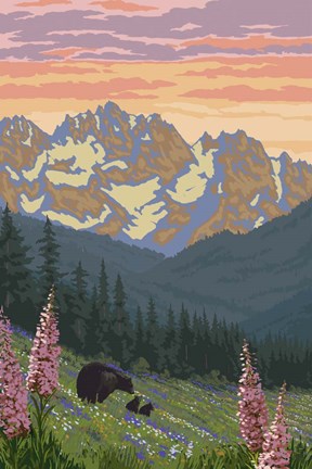 Framed Black Bear with Cubs 2 Print