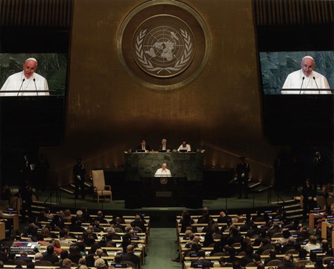 Framed Pope Francis addresses the 70th session of the United Nations General Assembly Print