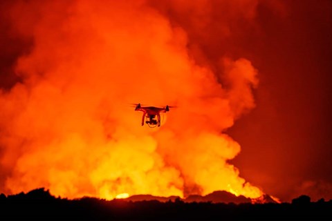 Framed Radio Contolled Drone flying over Eruption, Holuhraun Fissure, Bardarbunga Volcano, Iceland. Print