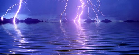 Framed Lightning over the sea Print